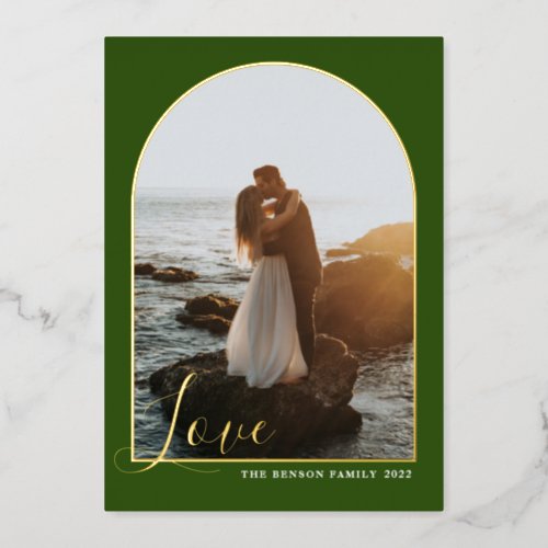  Arch Script Love Green Vertical Real Foil Holiday Card