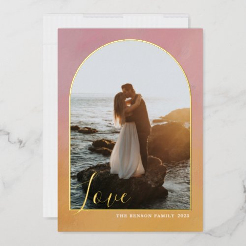  Arch Script Love Painted Pink Gold Vertical Real Foil Holiday Card