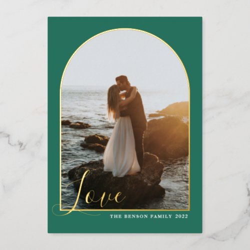  Arch Script Love Turquoise Vertical Real Foil Holiday Card