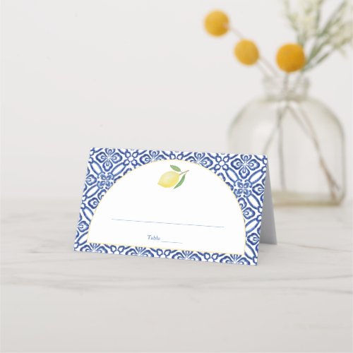 Arch Shape Amalfi Lemon Blue Tile Print Wedding Place Card