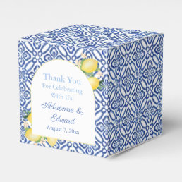 Arch Shape Amalfi Lemons Blue White Tiles Wedding Favor Boxes
