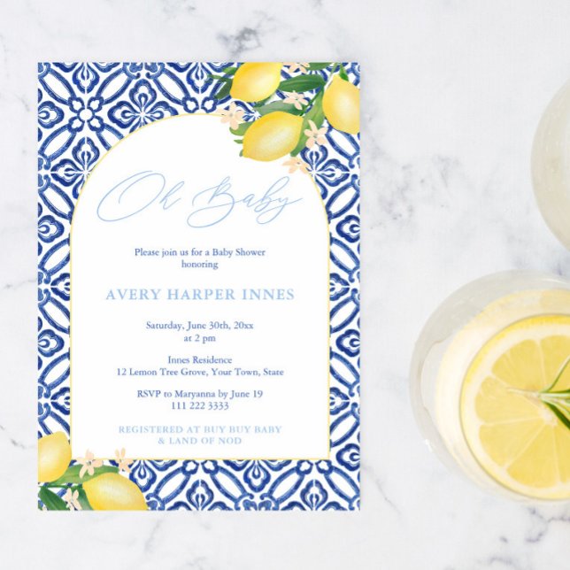 Arch Shape Blue Tiles Lemons Baby Shower For Boy Invitation (Creator Uploaded)