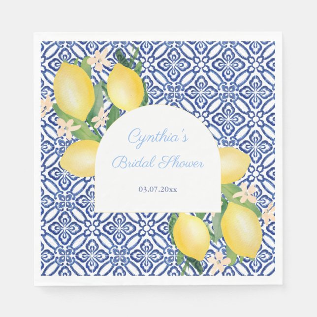 Arch Shape Italian Lemons Blue Tiles Bridal Shower Napkins (Front)