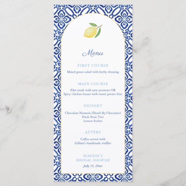 Arch Shape Lemons Blue Tiles Bridal Shower Party Menu (Front)