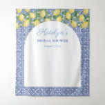 Arch Shape Lemons Blue Tiles Bridal Shower Welcome Tapestry at Zazzle