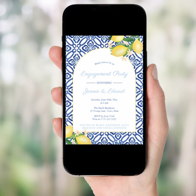 Arch Shape Lemons Blue Tiles Engagement Party Invitation (Front Digital)