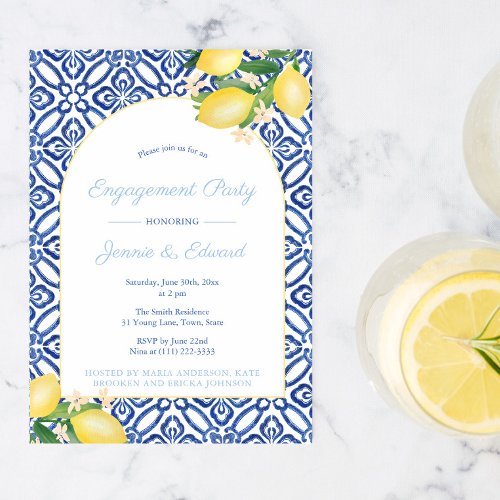 Arch Shape Lemons Blue Tiles Engagement Party Invitation