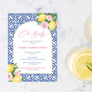 Arch Shape Lemons Blue Tiles Pink Girl Baby Shower Invitation