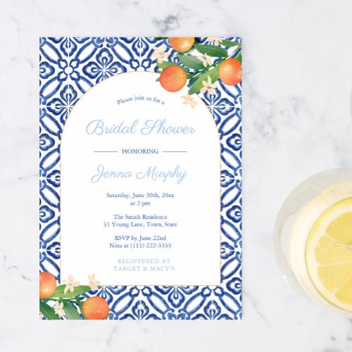 Arch Shape Oranges Blue Tiles Wedding Shower Party Invitation