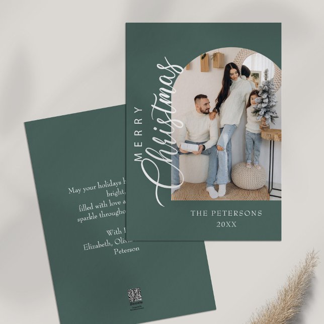 Arch Shape Sage Green Photo Christmas Card (Arch Shape Sage Green Photo Christmas Greeting Holiday Card on a table with dry wildflower.)