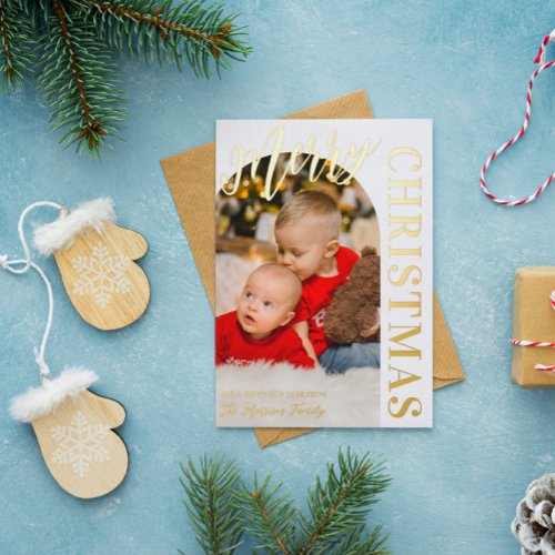Arch Shaped Photo Merry Christmas Gold Foil Holiday Card