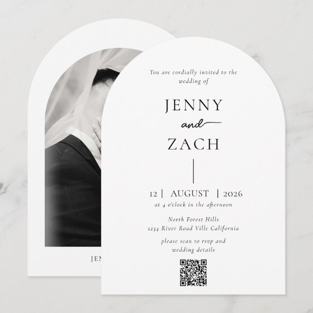 Arch Simple Modern Photo Qr Code Wedding Invitation (Front/Back)