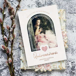 Arch Spanish Modern Pink Heart Photo Quinceañera Foil Invitation