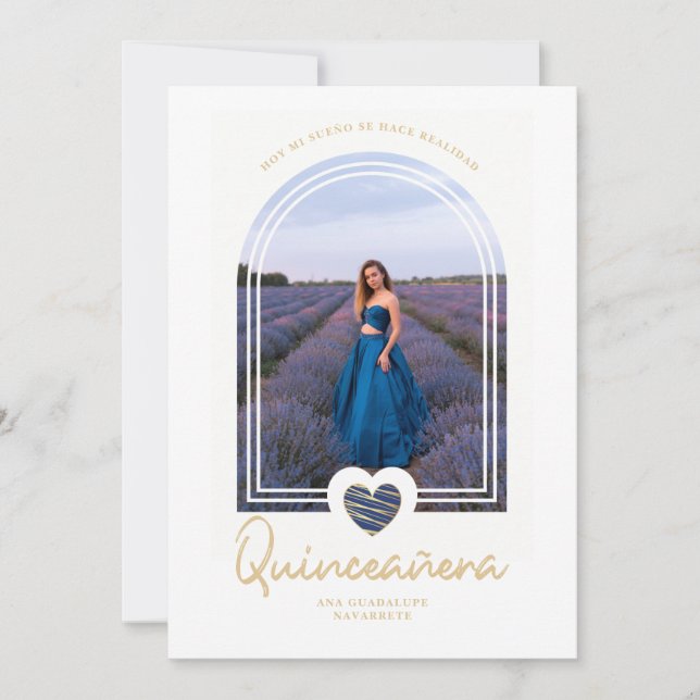 Arch Spanish Navy Blue Heart Photo Quinceañera Invitation (Front)