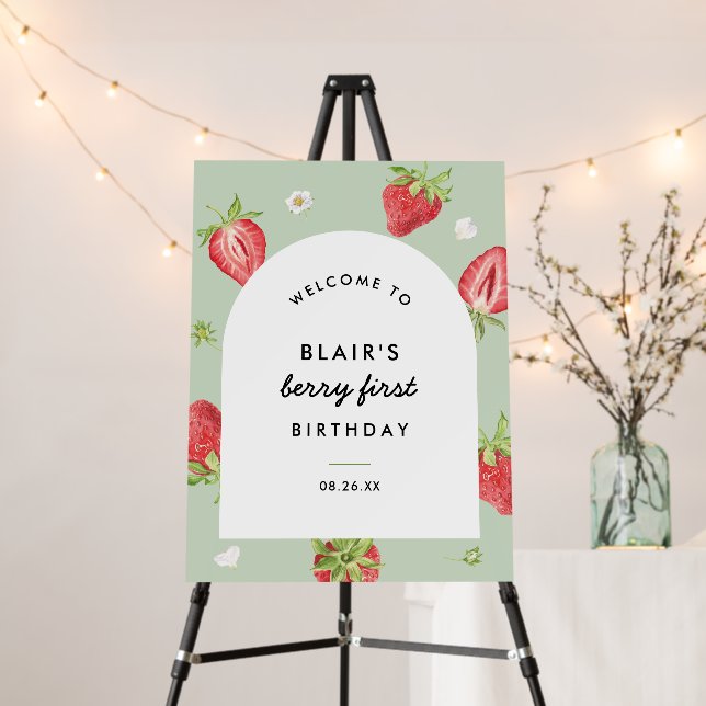 Arch Strawberry 1st Birthday Party Welcome  Foam Board (In Situ (Stand))