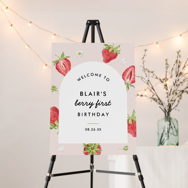 Arch Strawberry First Birthday Party Welcome Foam Board (In Situ (Stand))