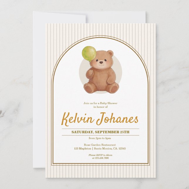 Arch Stripped Teddy Bear Baloons Baby Shower Invitation (Front)