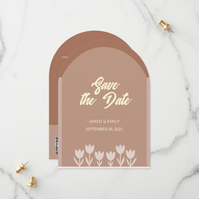 Arch Style QR Code Wedding Flat Save The Date Card (Front/Back In Situ)