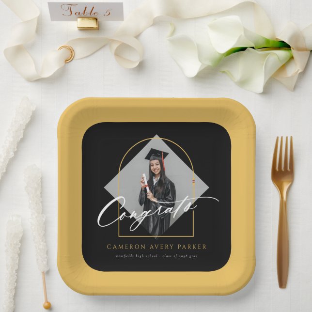 Arch Tassels Minimalist Frame Photo Graduation Paper Plates (Wedding)