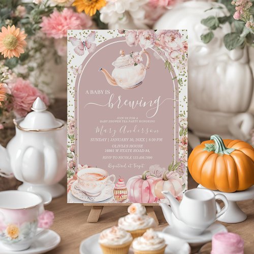 Arch Tea Party Pumpkin Baby is Brewing Baby Shower Invitation