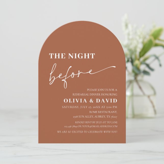 Arch Terracotta The Night Before Rehearsal Dinner Invitation (Standing Front)