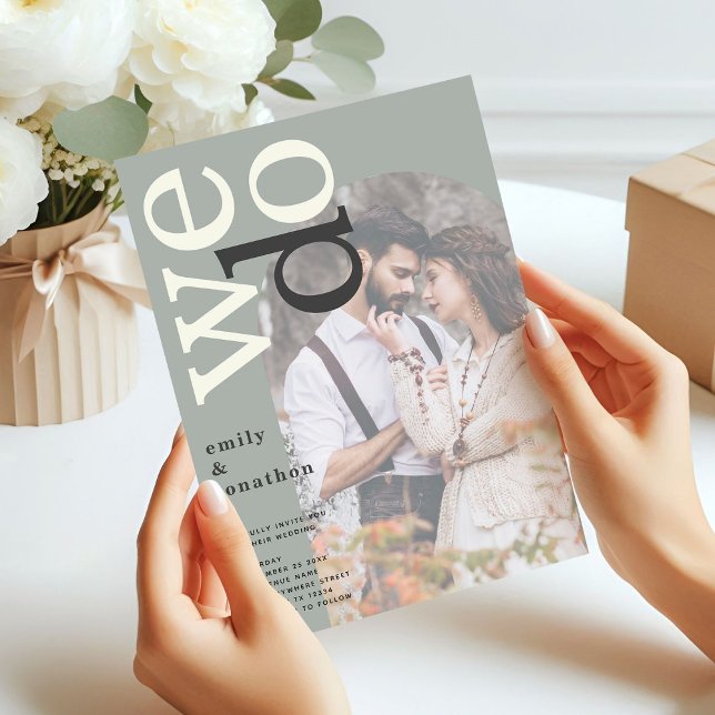 Arch Typography Photo Overlay Sage Green Wedding Invitation (Front view)