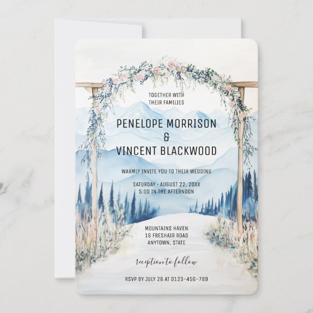 Arch Wedding in the mountains 2 watercolor Invitation (Front)