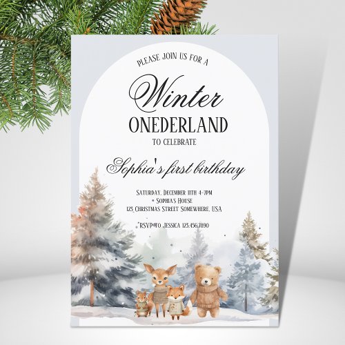 Arch Winter Onederland Birthday Pine Woodland Invitation