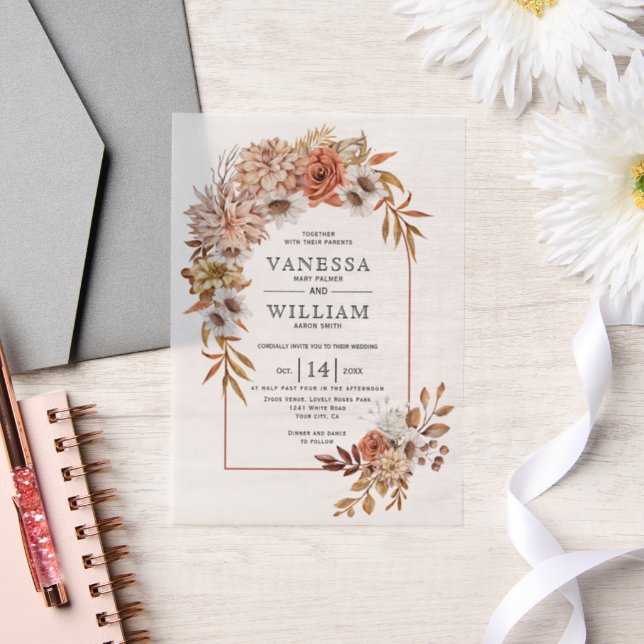 Arch with autumn flower arrangement fall wedding vellum invitations (Wedding)