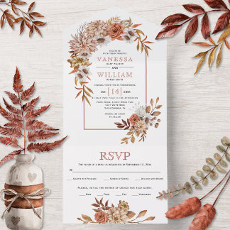 Arch with autumn flowers and leaves fall wedding all in one invitation
