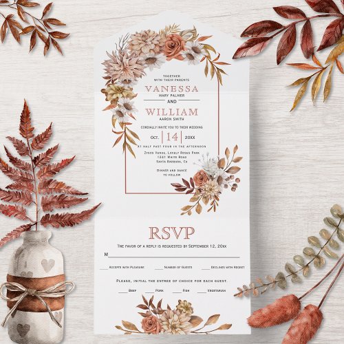 Arch with autumn flowers and leaves fall wedding all in one invitation