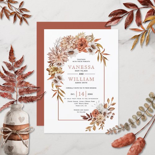 Arch with autumn flowers and leaves fall wedding invitation