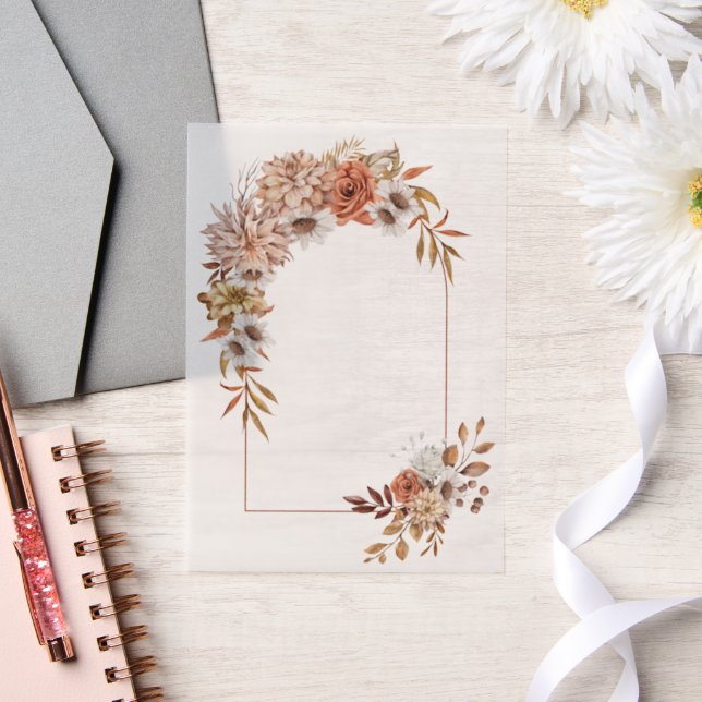 Arch with autumn flowers and leaves fall wedding vellum invitations (Wedding)