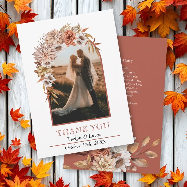 Arch with autumn flowers fall wedding photo  thank you card (Creator Uploaded)