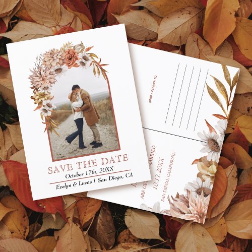 Arch with autumn flowers photo fall wedding postcard