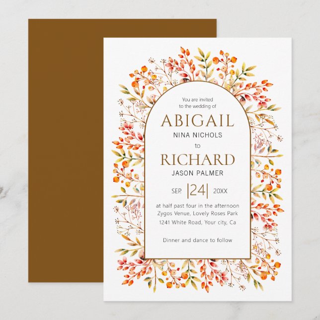 Arch with leaves and berries brown wedding invitation (Front/Back)