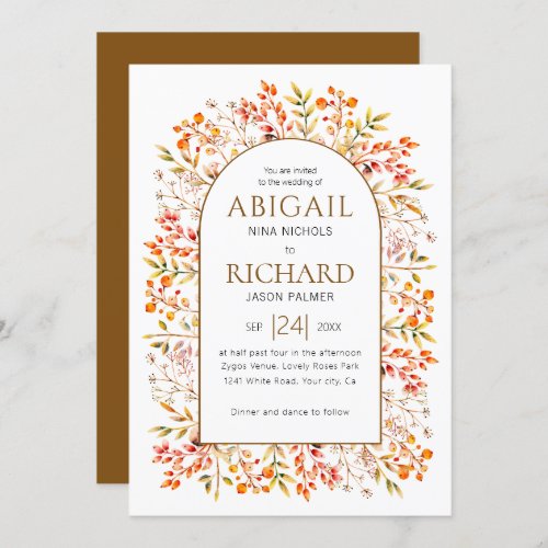 Arch with leaves and berries brown wedding invitation
