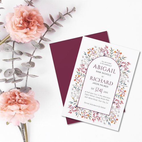Arch with leaves and berries burgundy wedding invitation