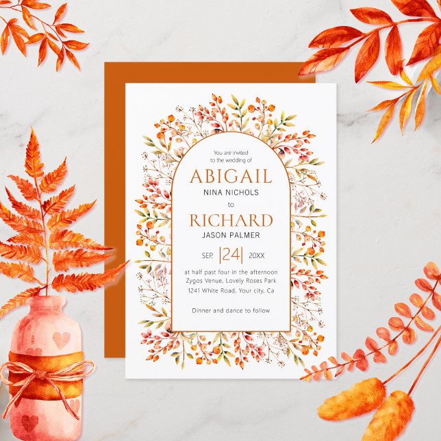 Arch with leaves and berries burnt orange wedding invitation (Creator Uploaded)