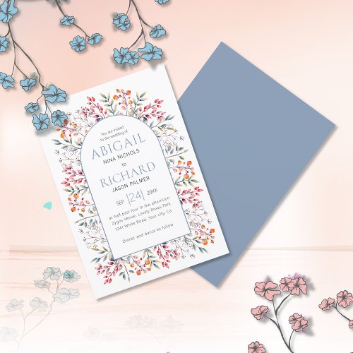 Arch with leaves and berries dusty blue wedding invitation