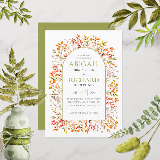 Arch with leaves and berries olive green wedding invitation