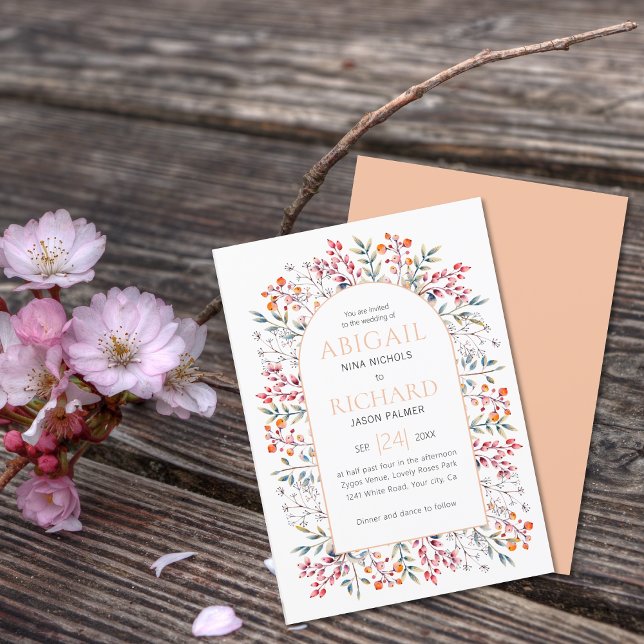 Arch with leaves and berries peach wedding invitation (Creator Uploaded)