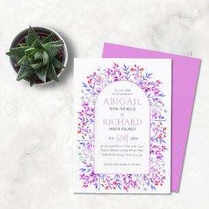 Arch with leaves and berries pink purple wedding invitation
