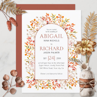 Arch with leaves and berries terracotta wedding invitation