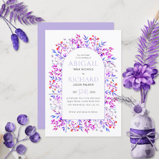 Arch with leaves, berries lavender purple wedding invitation