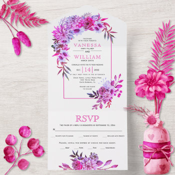 Arch With Magenta Pink Flowers And Leaves Wedding All In One Invitation by weddings_ at Zazzle