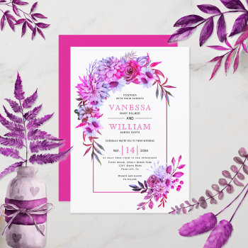 Arch With Magenta Pink Flowers Floral Wedding Invitation by weddings_ at Zazzle