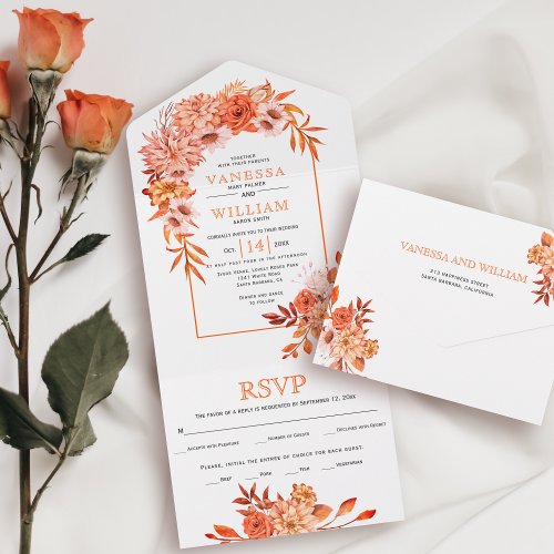 Arch with orange flowers and leaves fall wedding all in one invitation