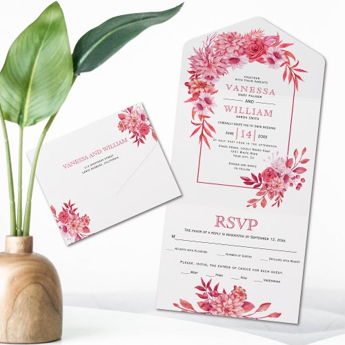 Arch with pink and red flowers and leaves wedding all in one invitation