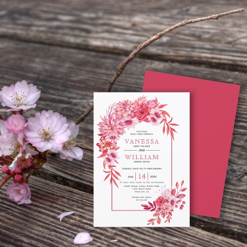 Arch with pink red flowers and leaves wedding invitation